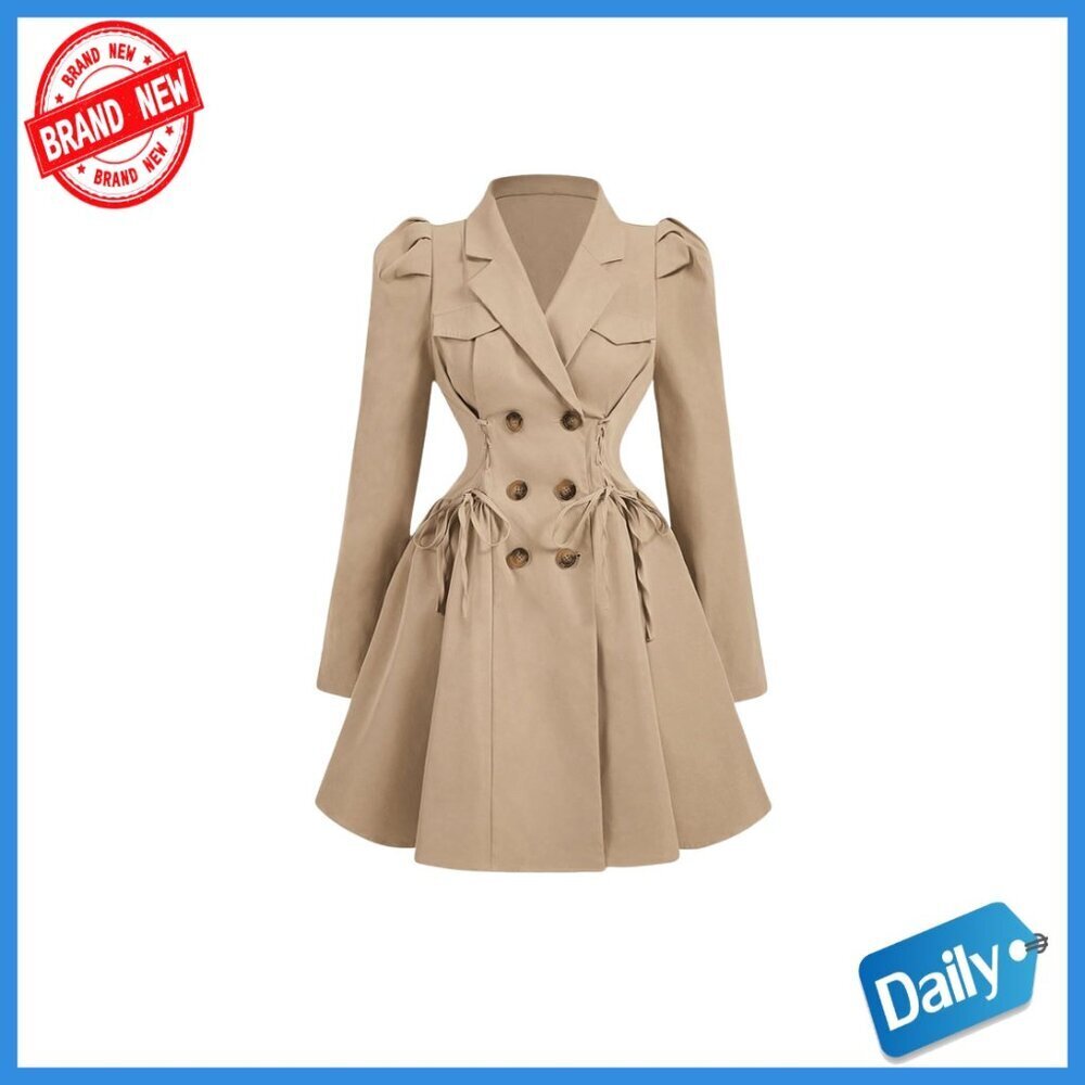 Women's Trench Coat Double Breasted Lapel Puff Sleeve A-Line Jacket Outerwear